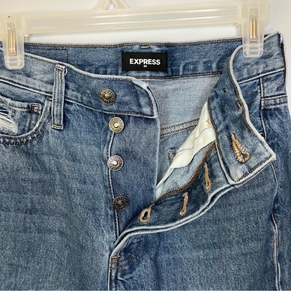 Express High Rise Medium Wash Cropped Distressed Button Fly Dad Jeans Size 4R - Picture 12 of 15